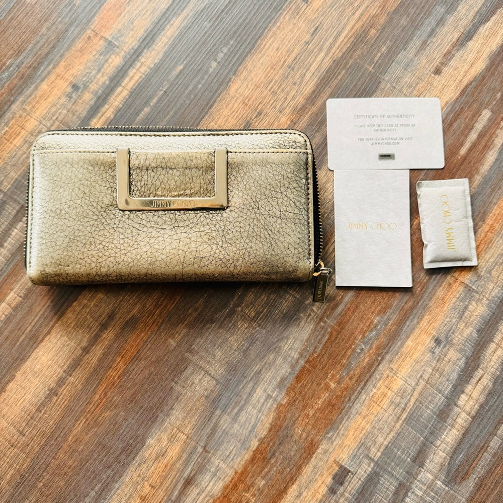 100% Authentic vintage Jimmy Choo long wallet zip around leather Silver/gold-ish